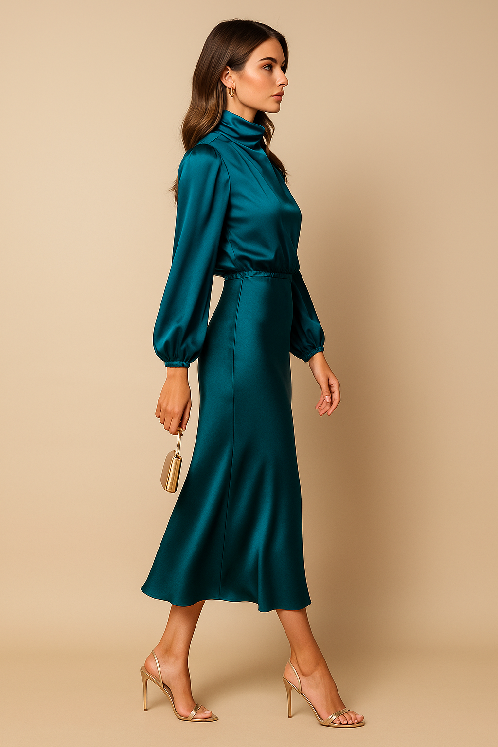 High Neck Midi Dress for Women - Elegant High Waist Design - Perfect for Formal Events and Special Occasions