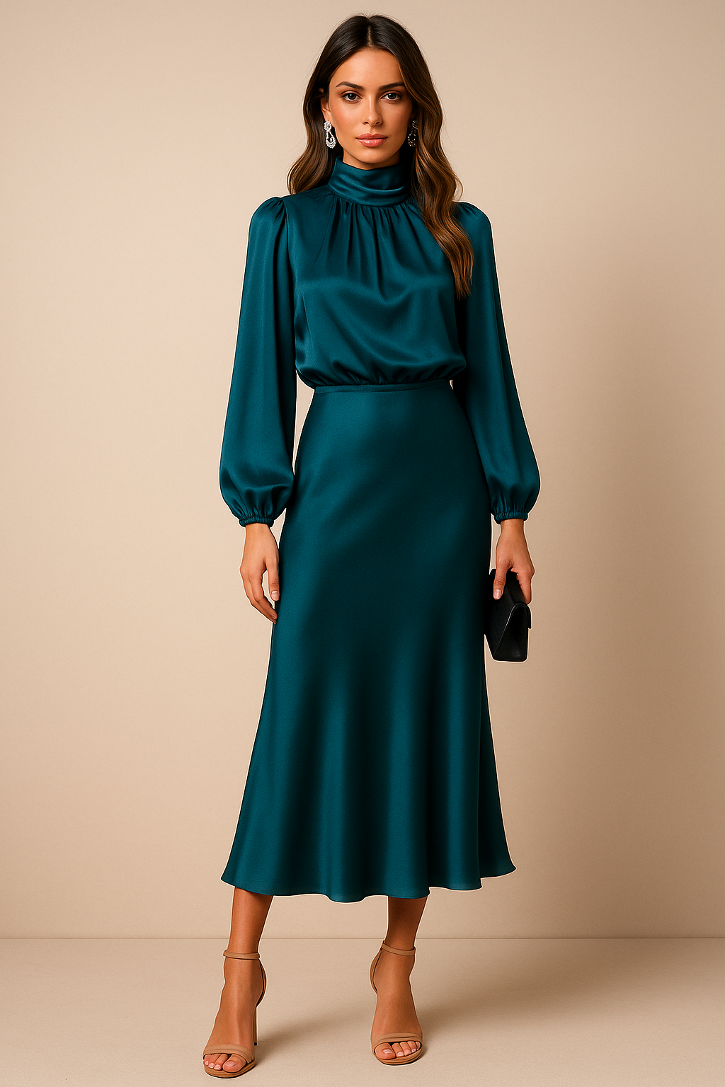 High Neck Midi Dress for Women - Elegant High Waist Design - Perfect for Formal Events and Special Occasions