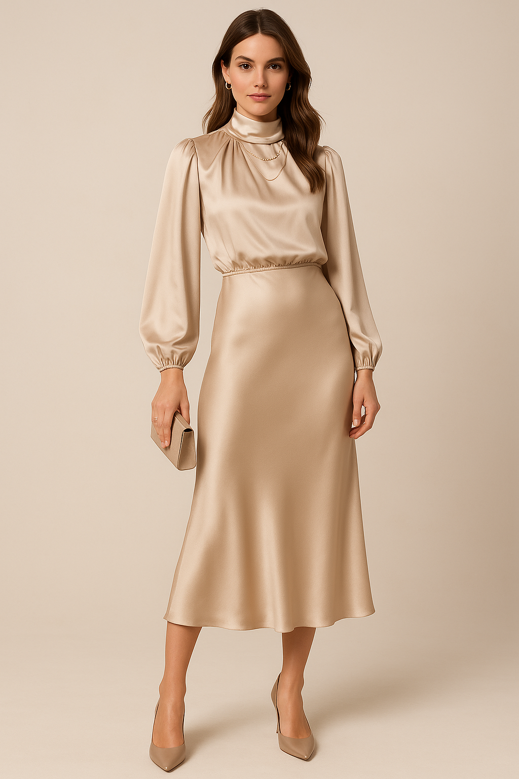 High Neck Midi Dress for Women - Elegant High Waist Design - Perfect for Formal Events and Special Occasions