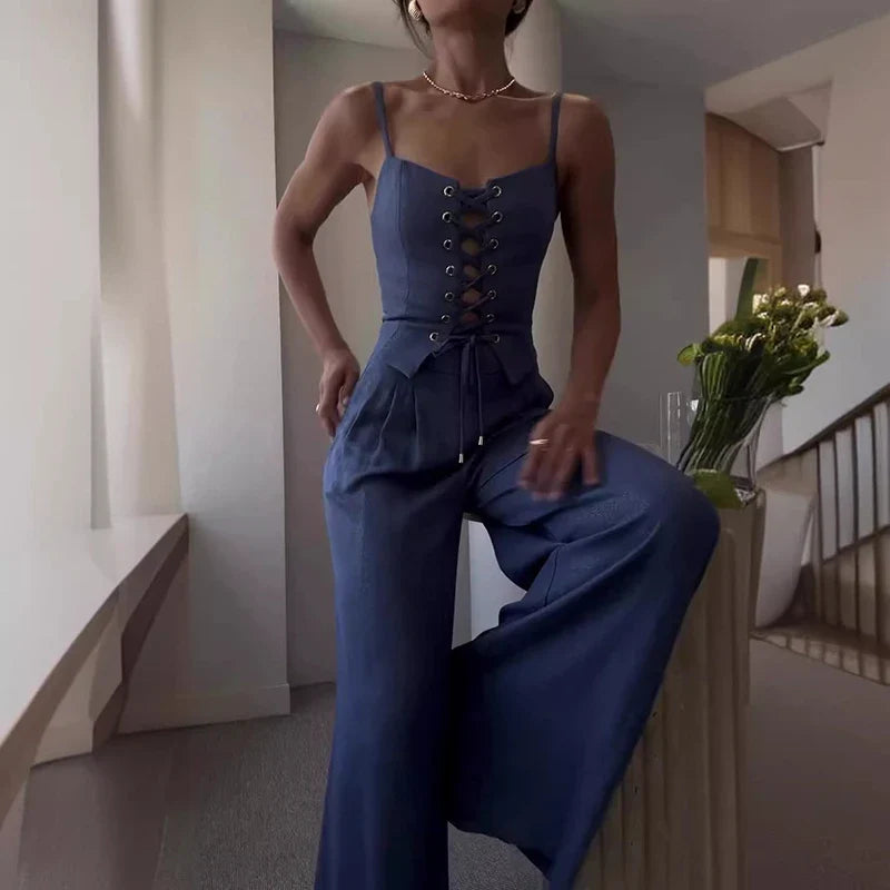 Lace-Up Top and Wide Leg Pants Set for Women - Casual Chic Outfit
