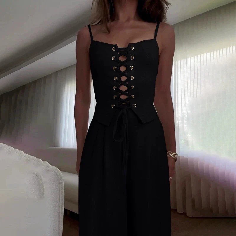 Lace-Up Top and Wide Leg Pants Set for Women - Casual Chic Outfit
