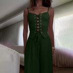 Lace-Up Top and Wide Leg Pants Set for Women - Casual Chic Outfit
