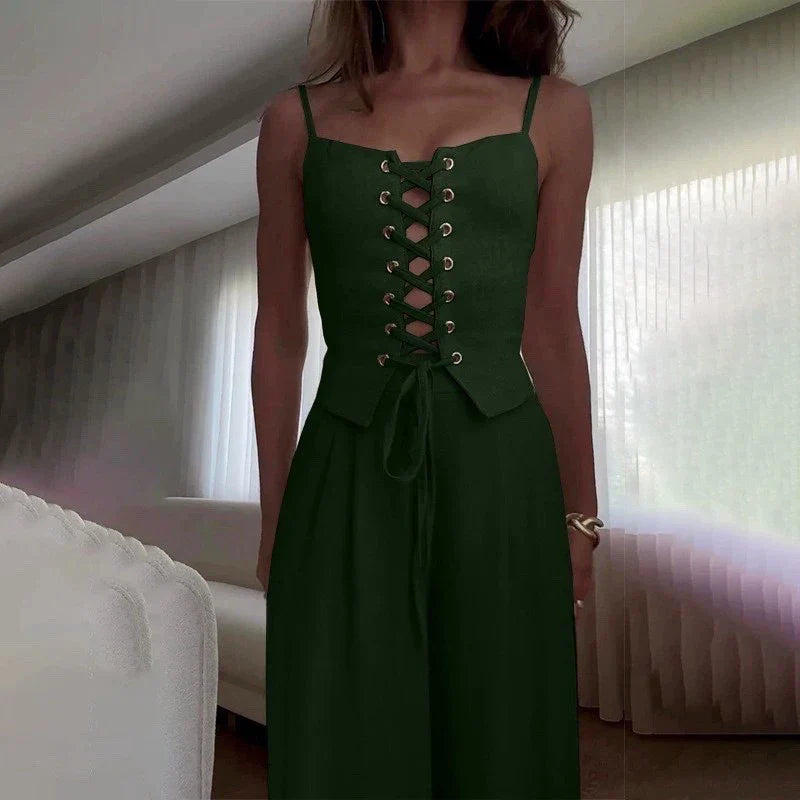 Lace-Up Top and Wide Leg Pants Set for Women - Casual Chic Outfit