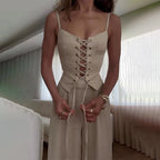 Lace-Up Top and Wide Leg Pants Set for Women - Casual Chic Outfit