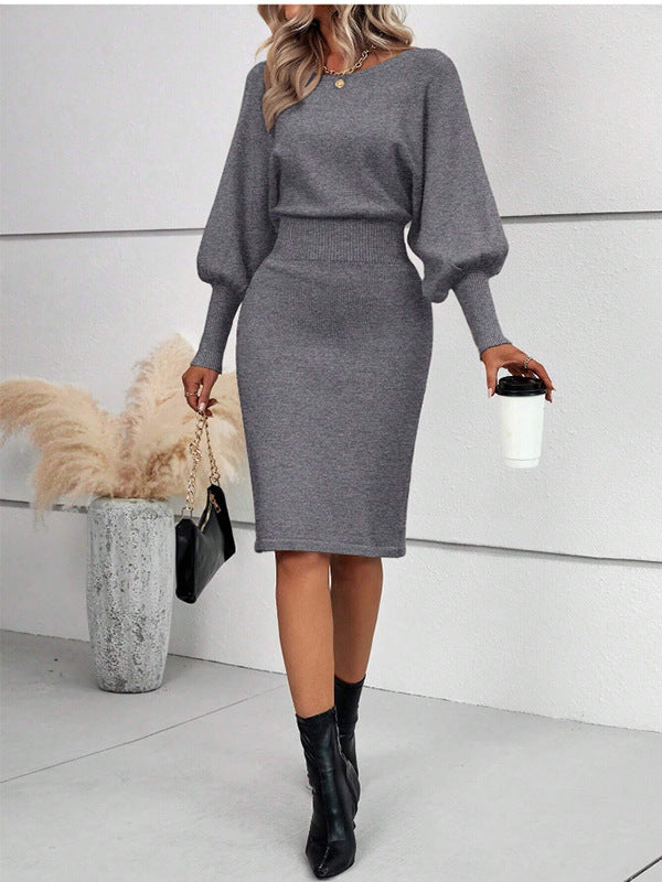Lantern Sleeve Knit Sweater Dress for Women - Cozy Casual Fall Fashion