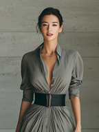 Lapel Long Sleeve Belted Maxi Dress for Women - Elegant Casual Wear, MDA1758G1Y