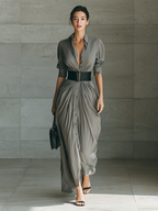 Lapel Long Sleeve Belted Maxi Dress for Women - Elegant Casual Wear, MDA1758G1Y