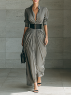 Lapel Long Sleeve Belted Maxi Dress for Women - Elegant Casual Wear, MDA1758G1Y
