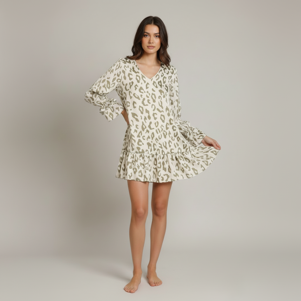 Leopard Print Ruffle Dress - Lightweight Fabric - Casual Summer Wear