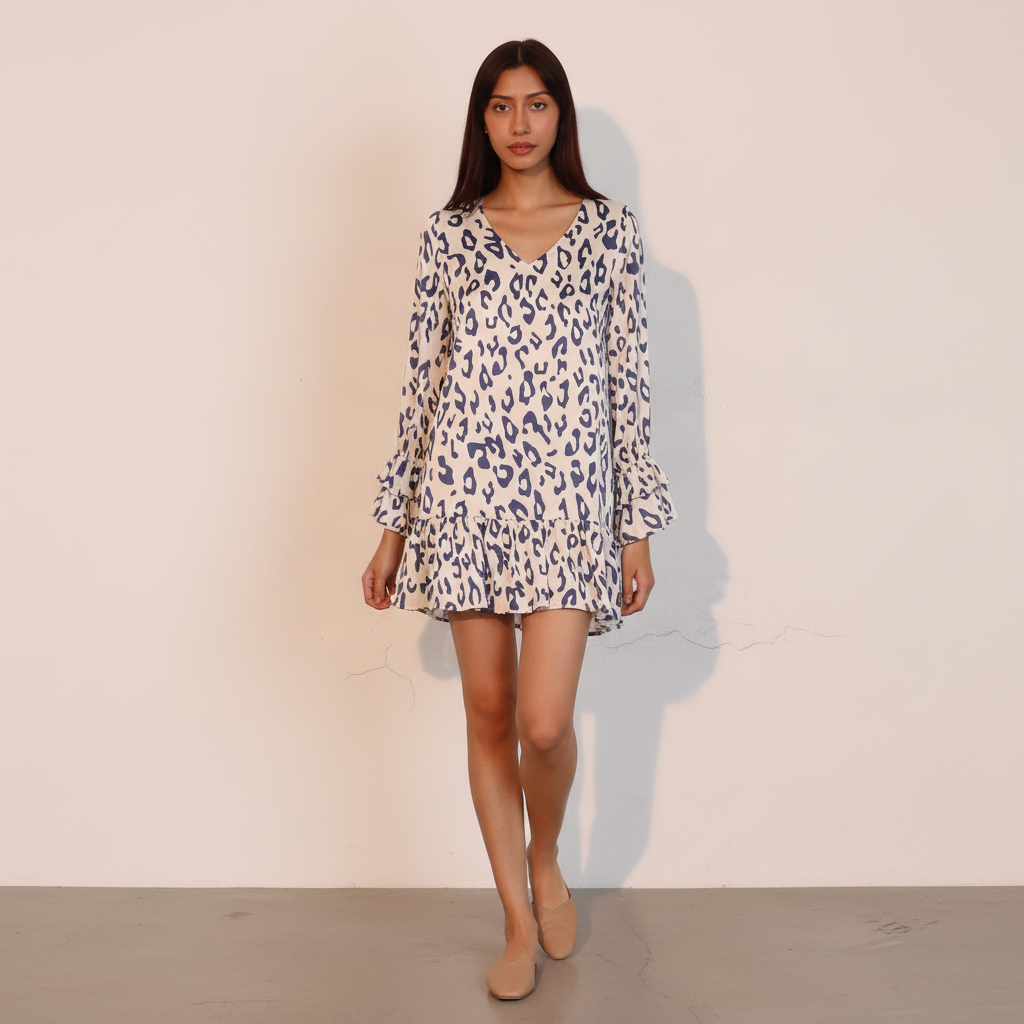 Leopard Print Ruffle Dress - Lightweight Fabric - Casual Summer Wear