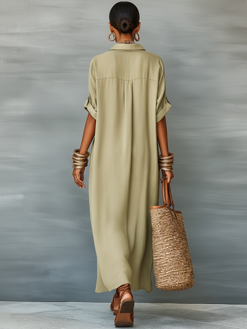 Linen Blend Short-Sleeved Maxi Dress for Women - Minimalist Style, MDZ0647A2Y