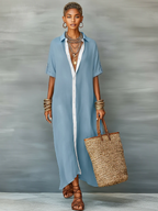 Linen Blend Short-Sleeved Maxi Dress for Women - Minimalist Style, MDZ0647A2Y