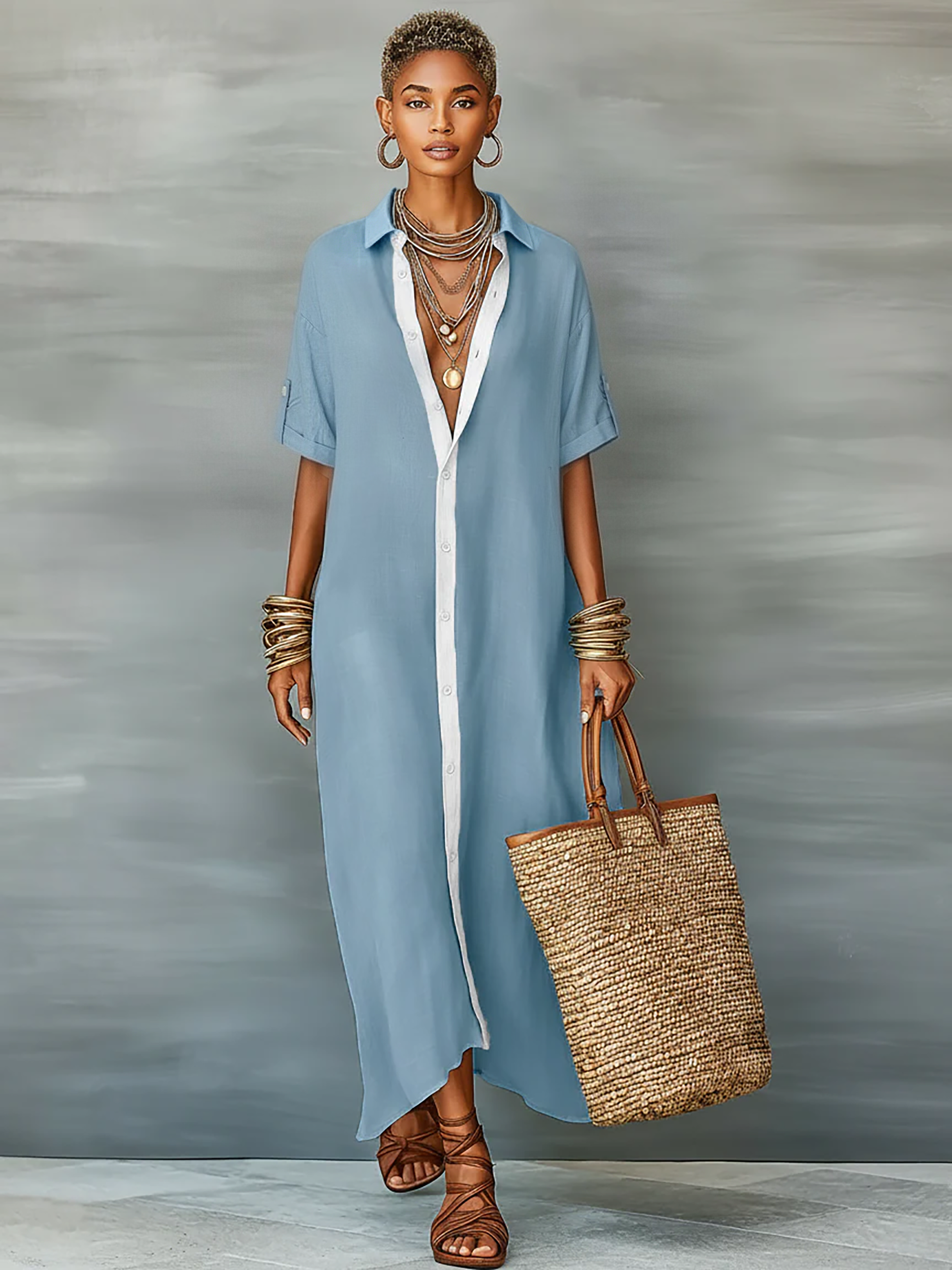 Linen Blend Short-Sleeved Maxi Dress for Women - Minimalist Style, MDZ0647A2Y