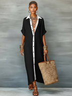 Linen Blend Short-Sleeved Maxi Dress for Women - Minimalist Style, MDZ0647A2Y