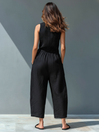 Linen Blend Sleeveless Button-Up Jumpsuit with Stand Collar for Women