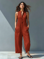 Linen Blend Sleeveless Button-Up Jumpsuit with Stand Collar for Women
