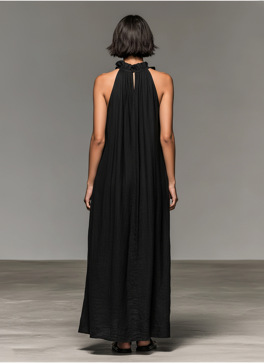 Linen-Blend Sleeveless Maxi Dress with Ruffle Details for Women