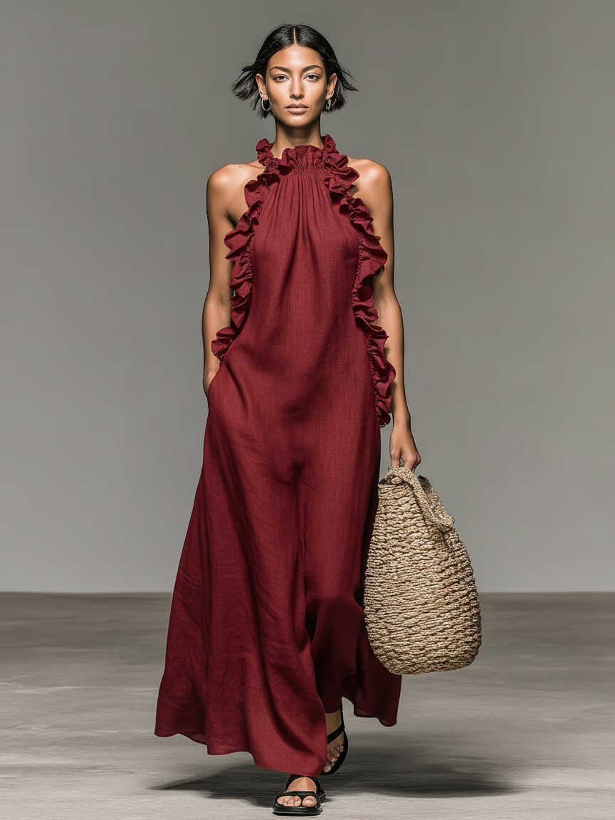 Linen-Blend Sleeveless Maxi Dress with Ruffle Details for Women