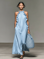 Linen-Blend Sleeveless Maxi Dress with Ruffle Details for Women