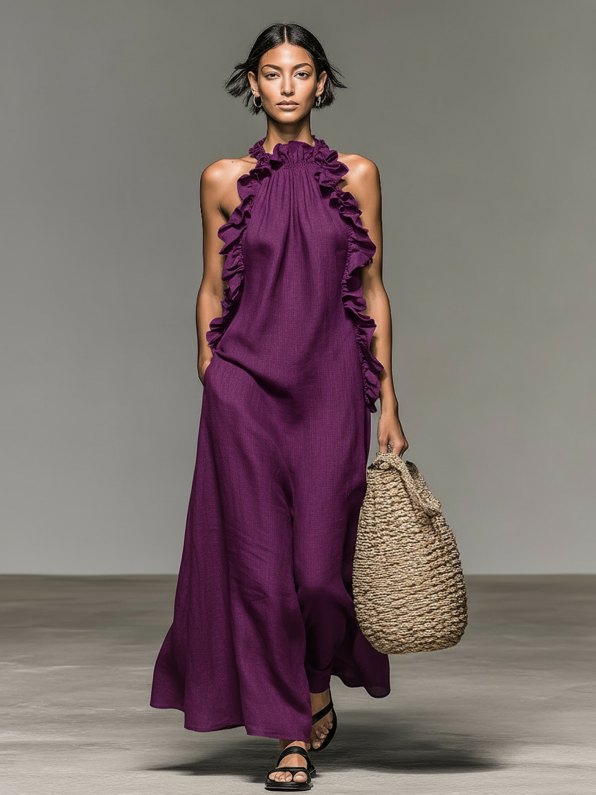 Linen-Blend Sleeveless Maxi Dress with Ruffle Details for Women