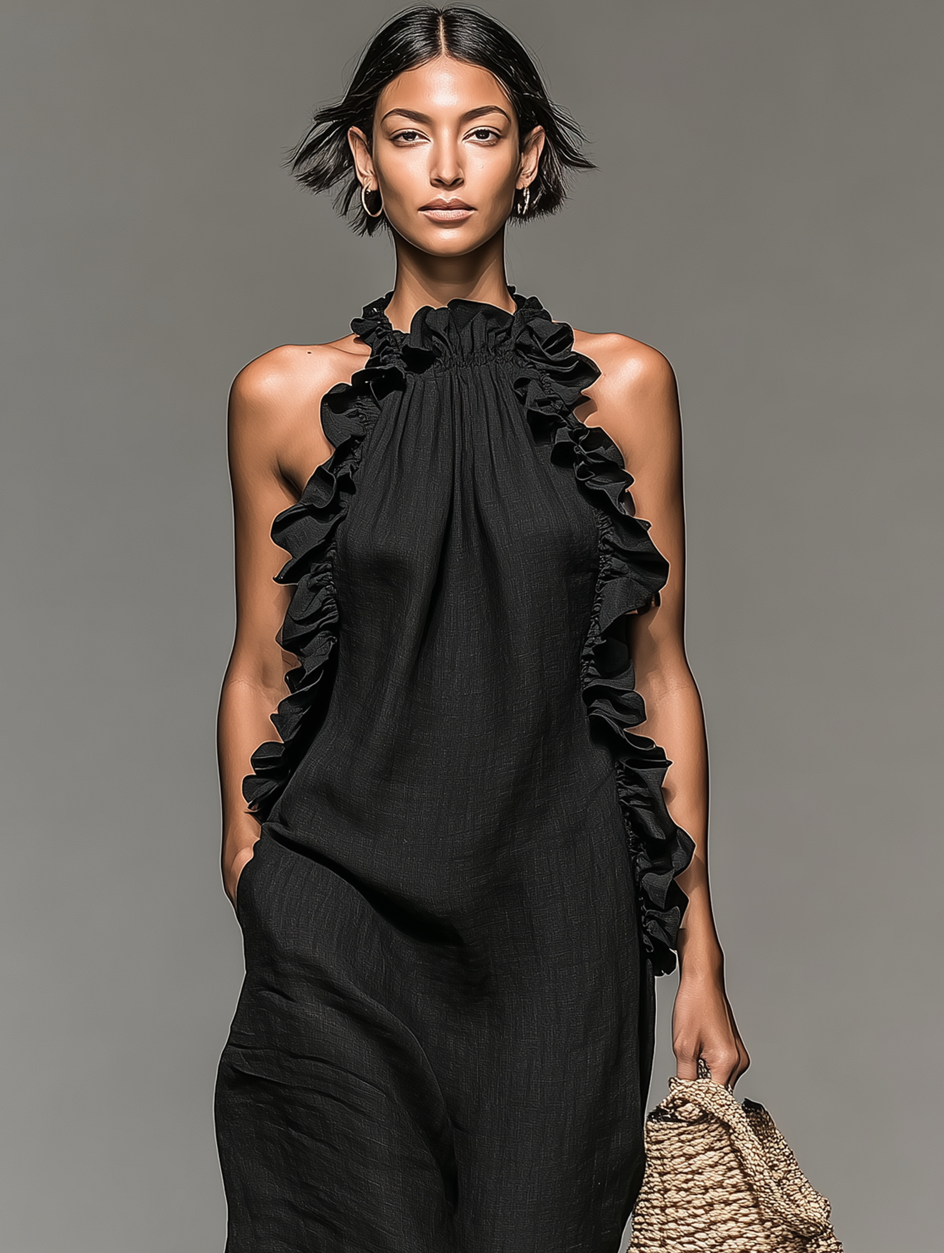 Linen-Blend Sleeveless Maxi Dress with Ruffle Details for Women