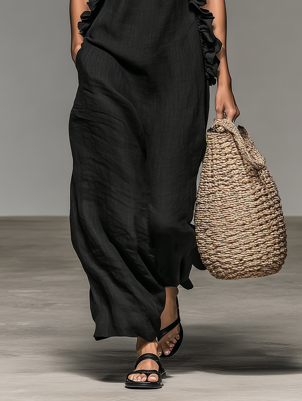 Linen-Blend Sleeveless Maxi Dress with Ruffle Details for Women