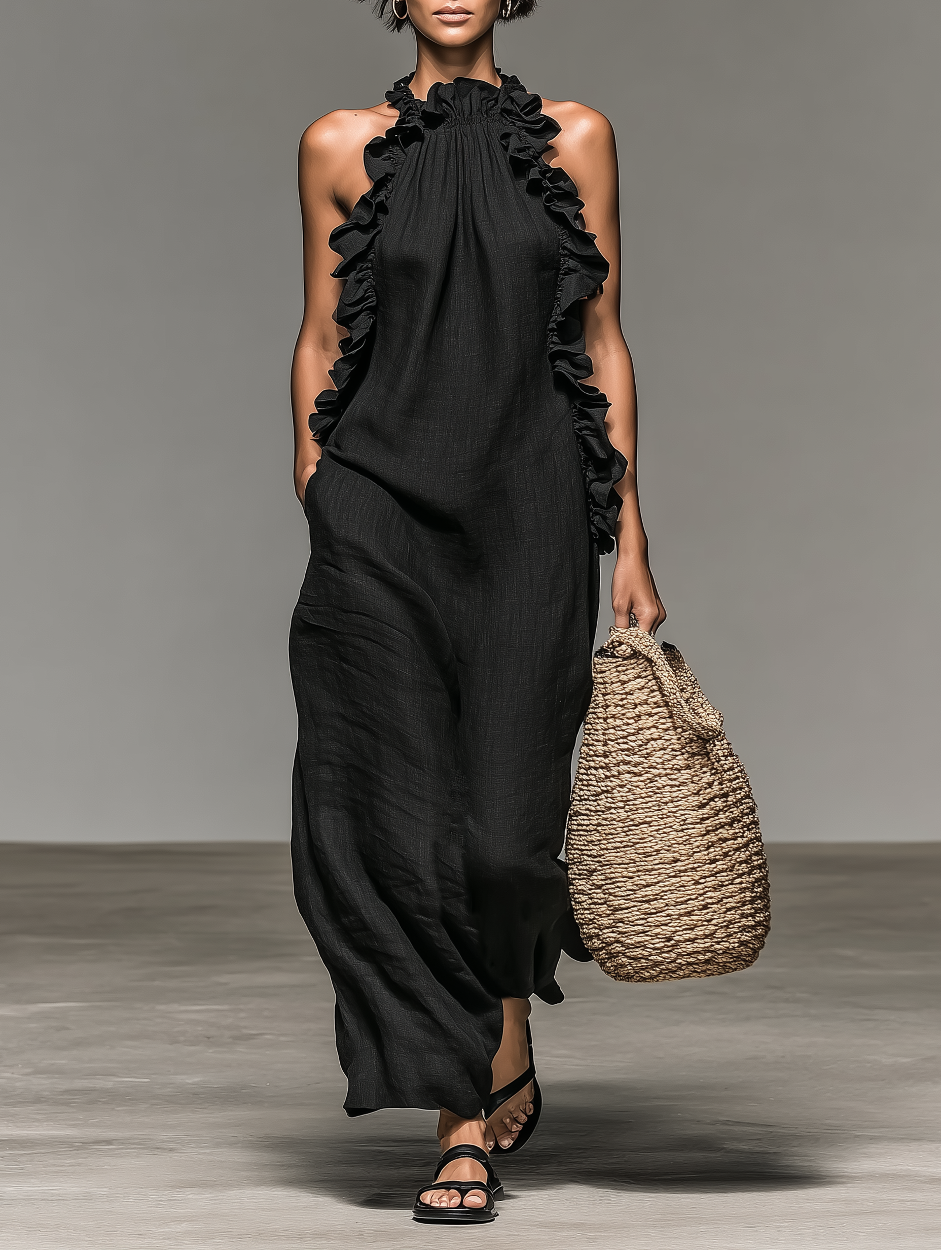 Linen-Blend Sleeveless Maxi Dress with Ruffle Details for Women