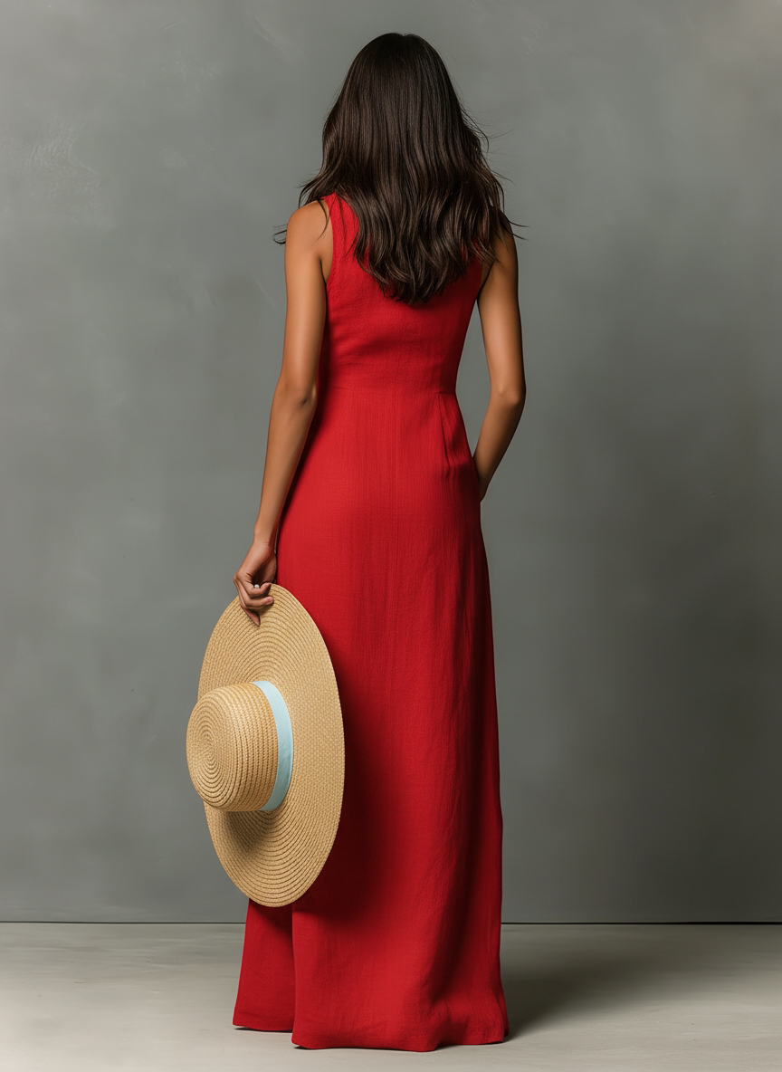 Linen-Blend Sleeveless Maxi Shirt Dress for Women - Minimalist Collared Design