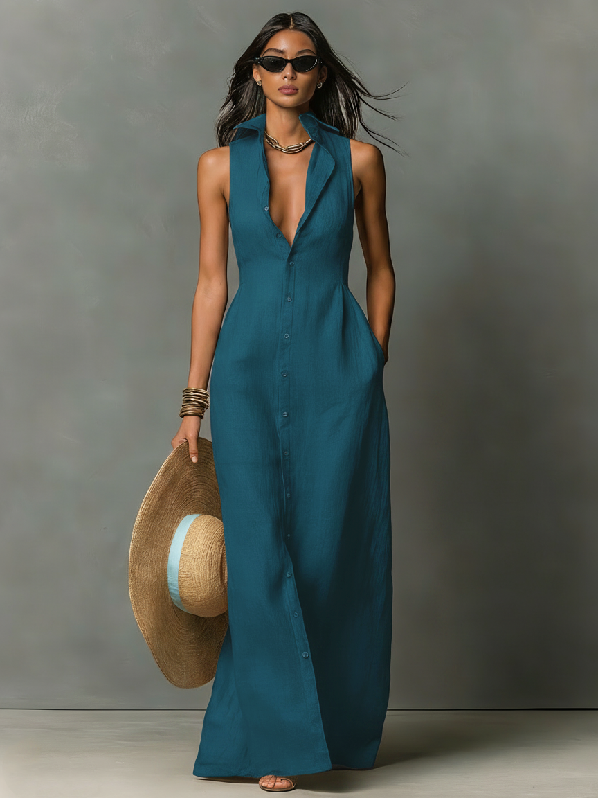 Linen-Blend Sleeveless Maxi Shirt Dress for Women - Minimalist Collared Design
