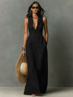 Linen-Blend Sleeveless Maxi Shirt Dress for Women - Minimalist Collared Design