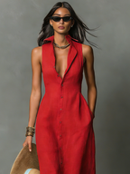 Linen-Blend Sleeveless Maxi Shirt Dress for Women - Minimalist Collared Design