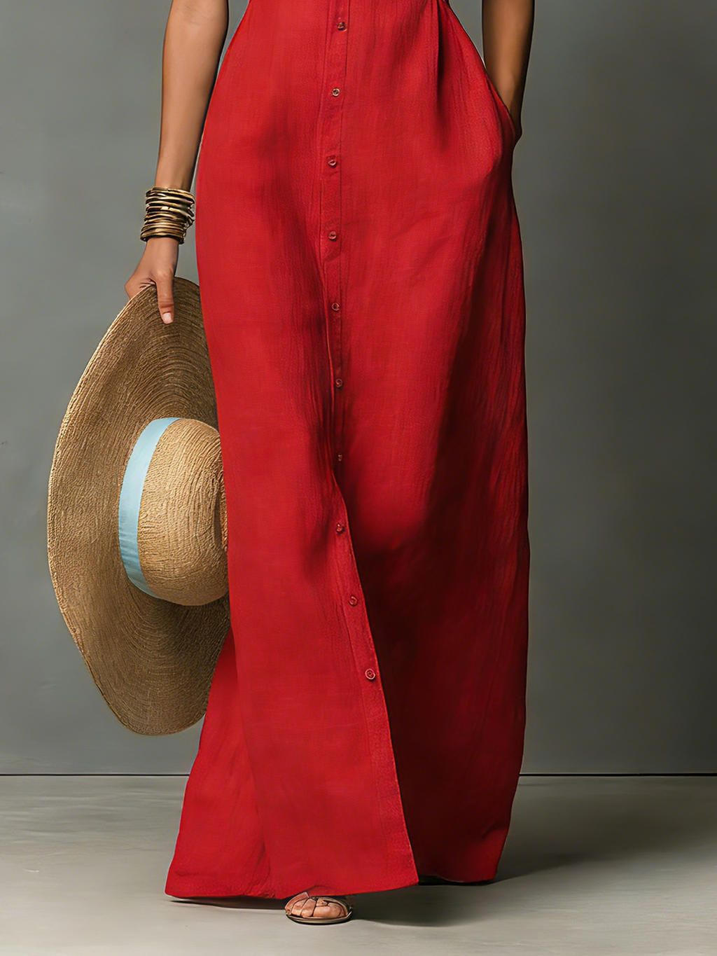 Linen-Blend Sleeveless Maxi Shirt Dress for Women - Minimalist Collared Design