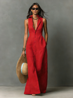 Linen-Blend Sleeveless Maxi Shirt Dress for Women - Minimalist Collared Design