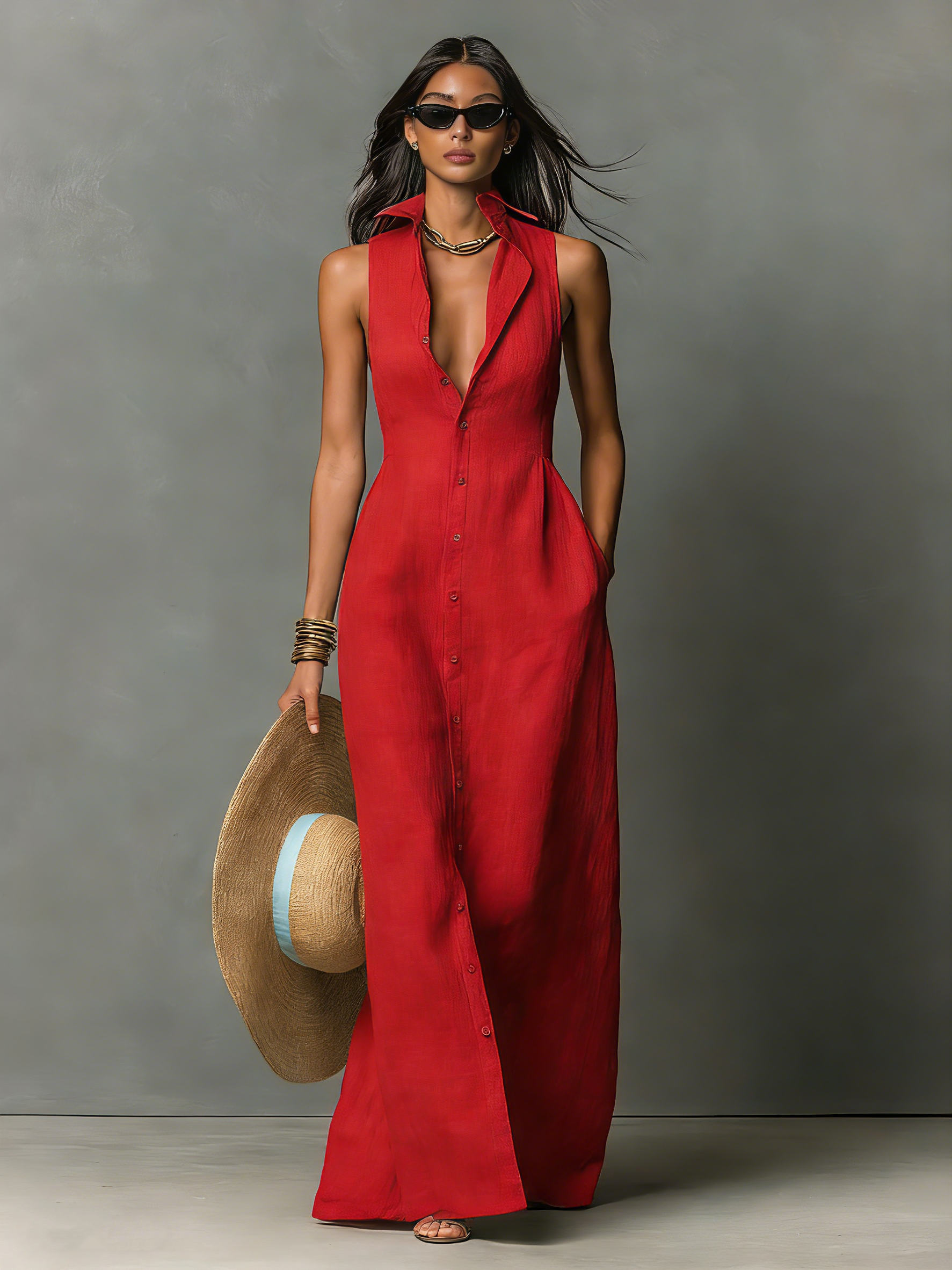 Linen-Blend Sleeveless Maxi Shirt Dress for Women - Minimalist Collared Design