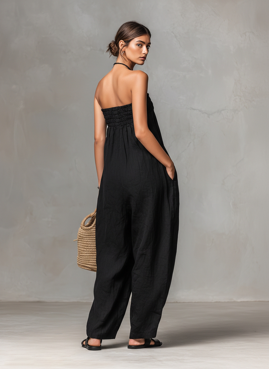 Linen Blend Strapless Jumpsuit for Women - Minimalist Loose Fit with Tie Closure