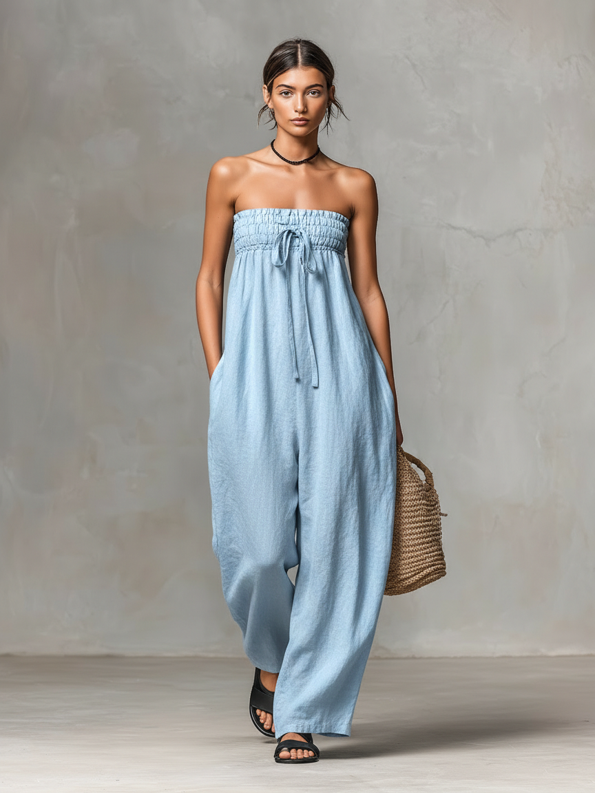Linen Blend Strapless Jumpsuit for Women - Minimalist Loose Fit with Tie Closure