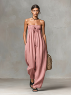 Linen Blend Strapless Jumpsuit for Women - Minimalist Loose Fit with Tie Closure