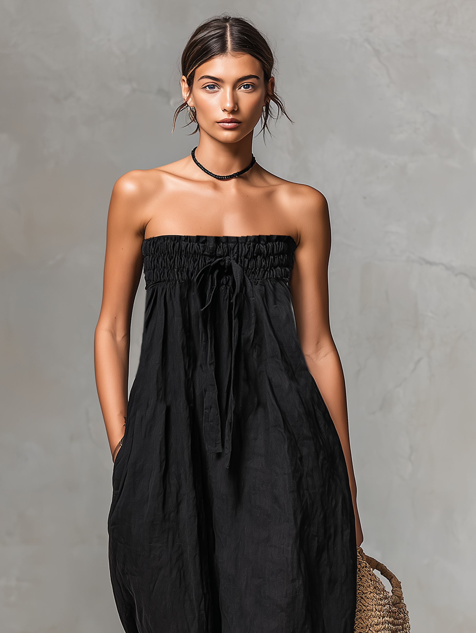 Linen Blend Strapless Jumpsuit for Women - Minimalist Loose Fit with Tie Closure