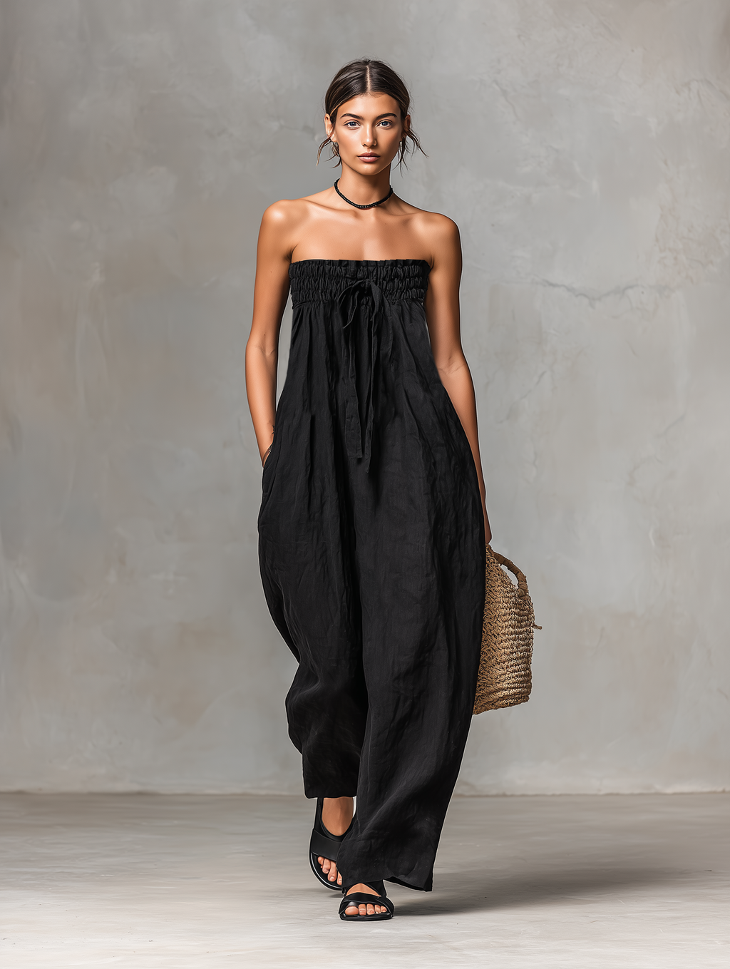Linen Blend Strapless Jumpsuit for Women - Minimalist Loose Fit with Tie Closure