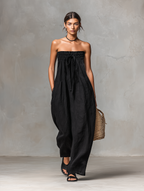 Linen Blend Strapless Jumpsuit for Women - Minimalist Loose Fit with Tie Closure