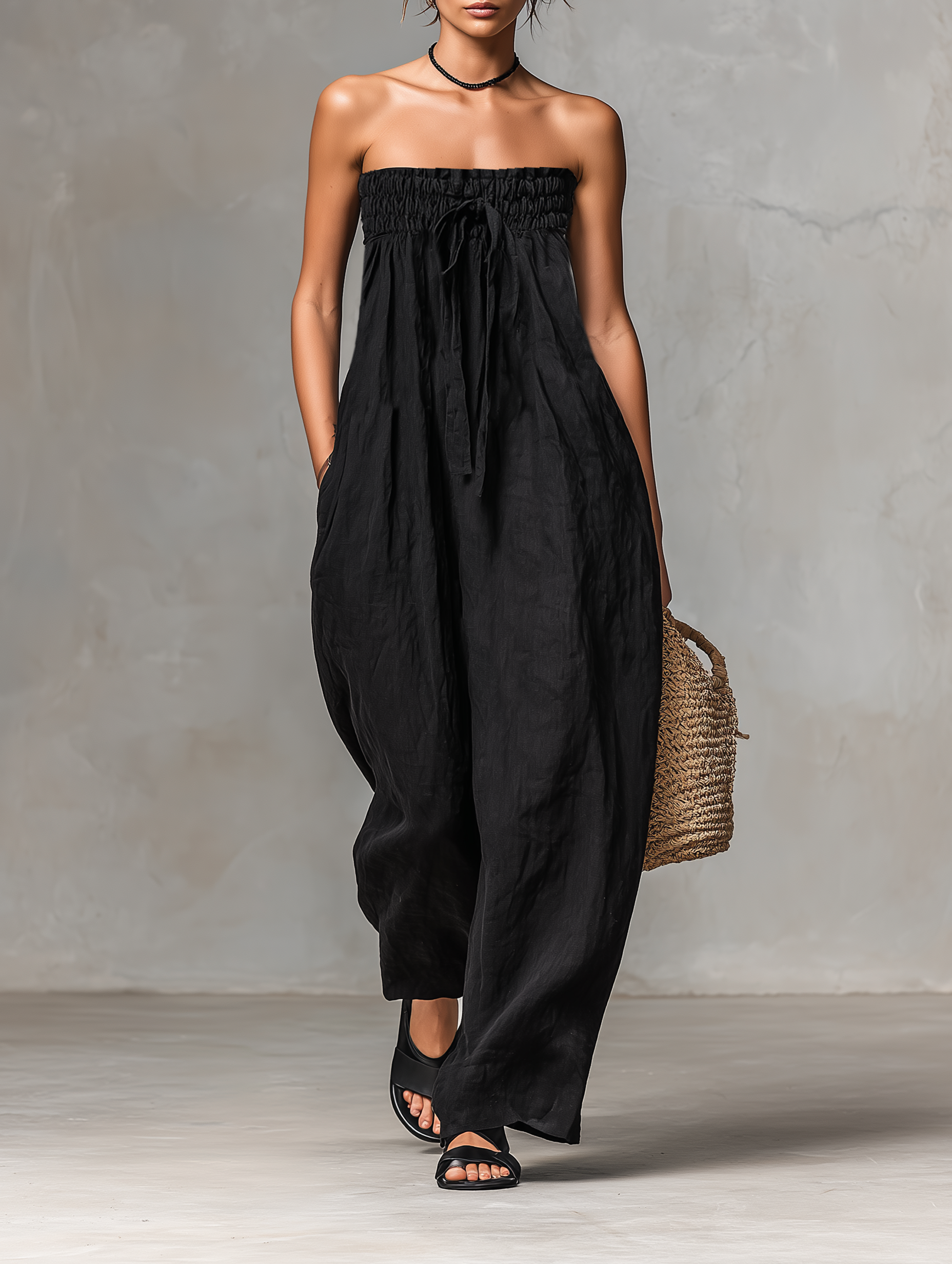 Linen Blend Strapless Jumpsuit for Women - Minimalist Loose Fit with Tie Closure