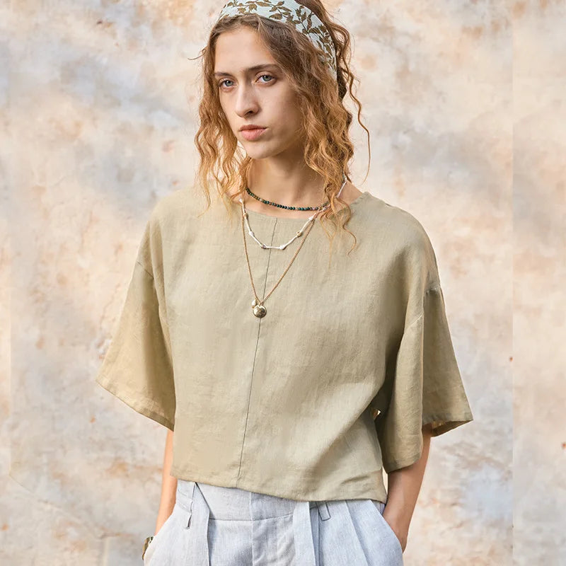 Linen Flared Sleeve Pullover Top for Casual Wear and Everyday Style