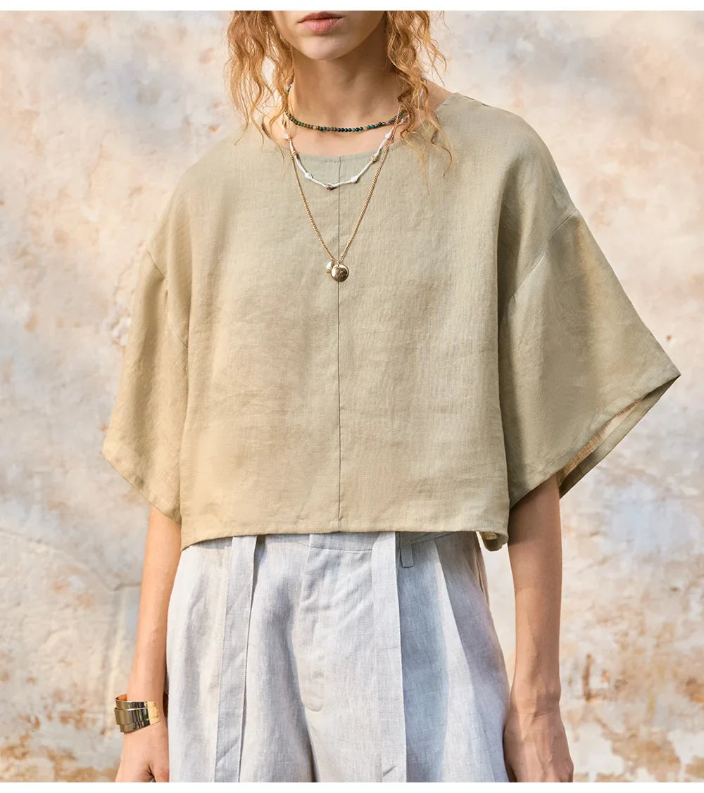 Linen Flared Sleeve Pullover Top for Casual Wear and Everyday Style