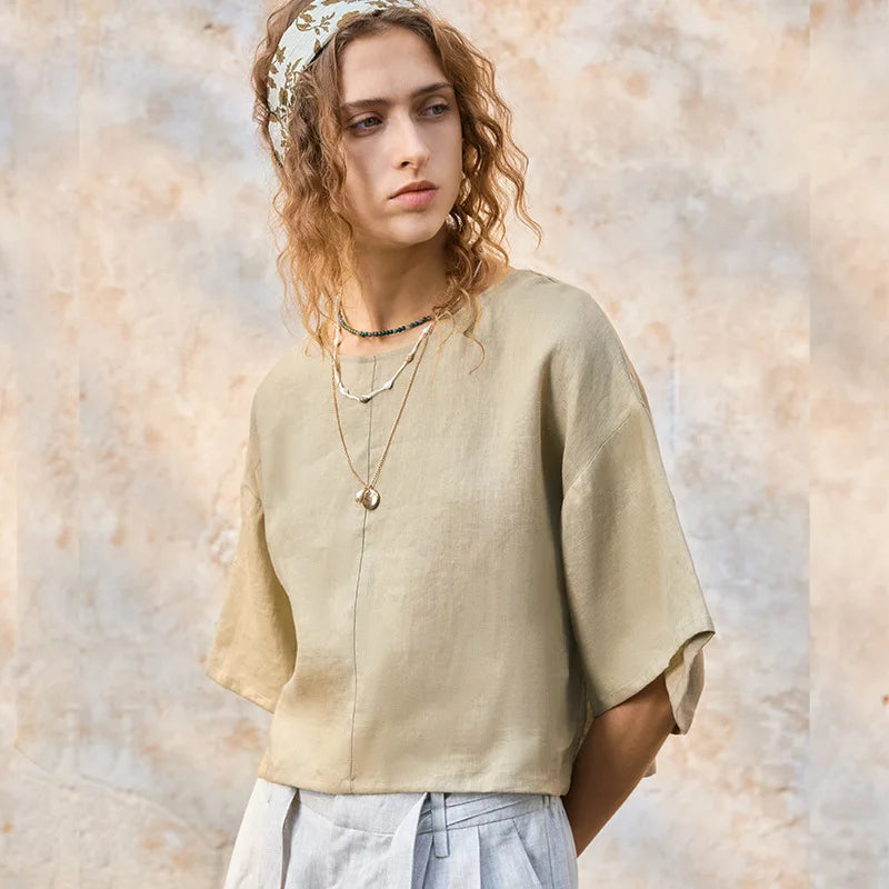 Linen Flared Sleeve Pullover Top for Casual Wear and Everyday Style