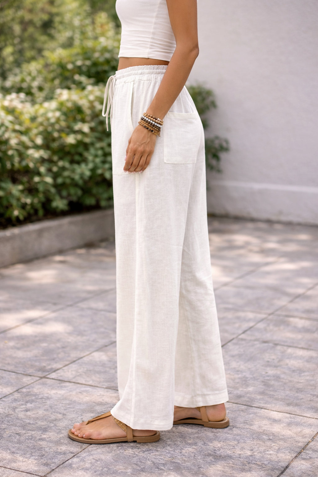 Linen Wide Leg Drawstring Trousers for Women - Casual Summer Pants