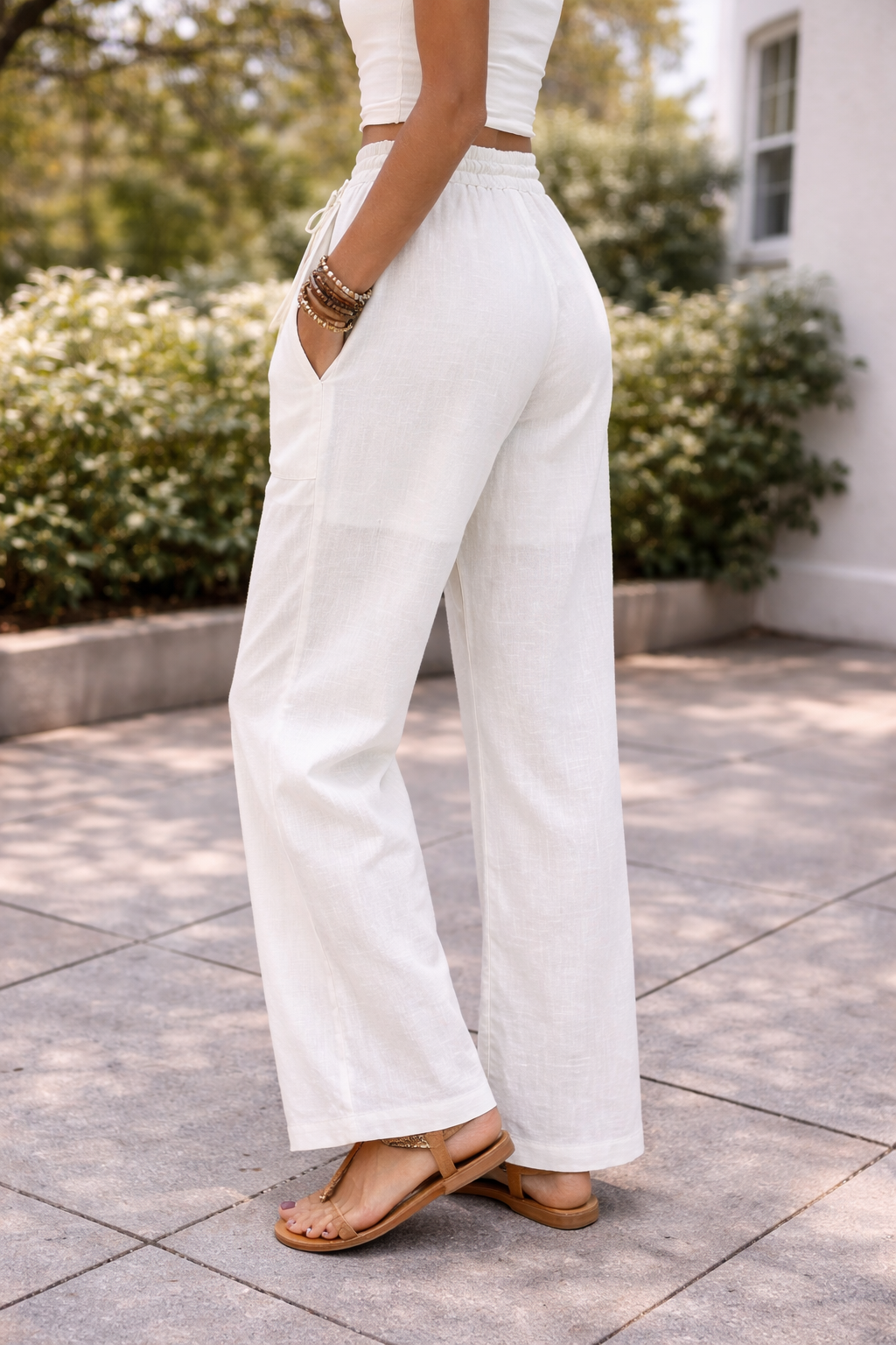 Linen Wide Leg Drawstring Trousers for Women - Casual Summer Pants