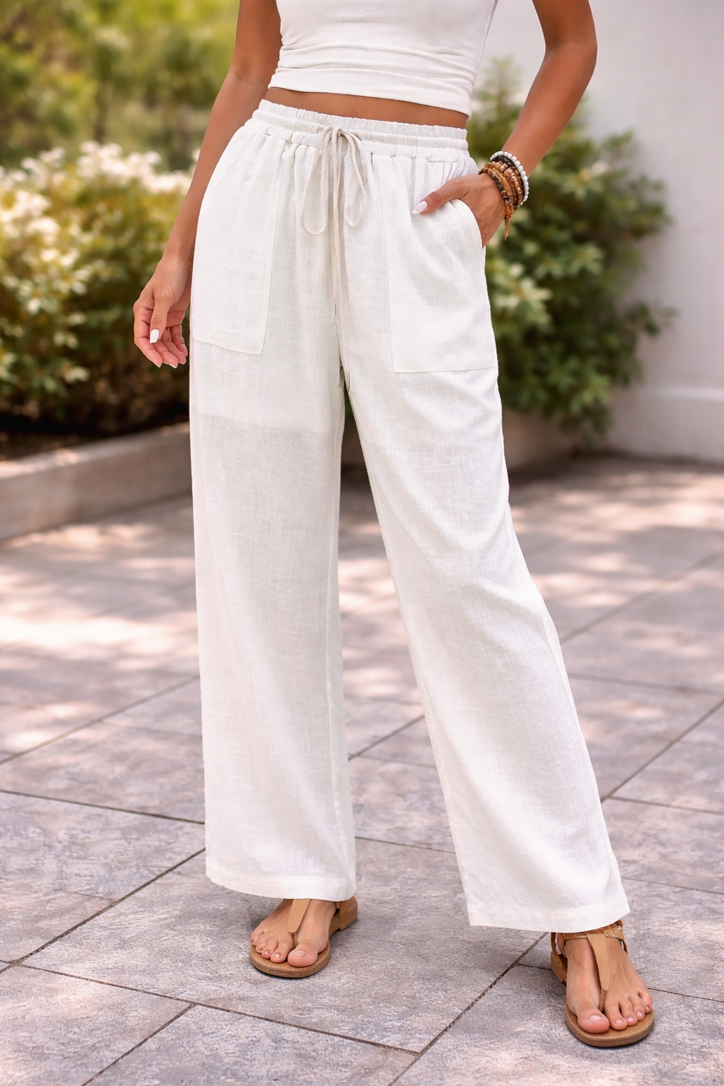 Linen Wide Leg Drawstring Trousers for Women - Casual Summer Pants