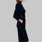Long Sleeve Midi Dress - Collar Belted Sheath Design - Elegant for Office and Evening Wear