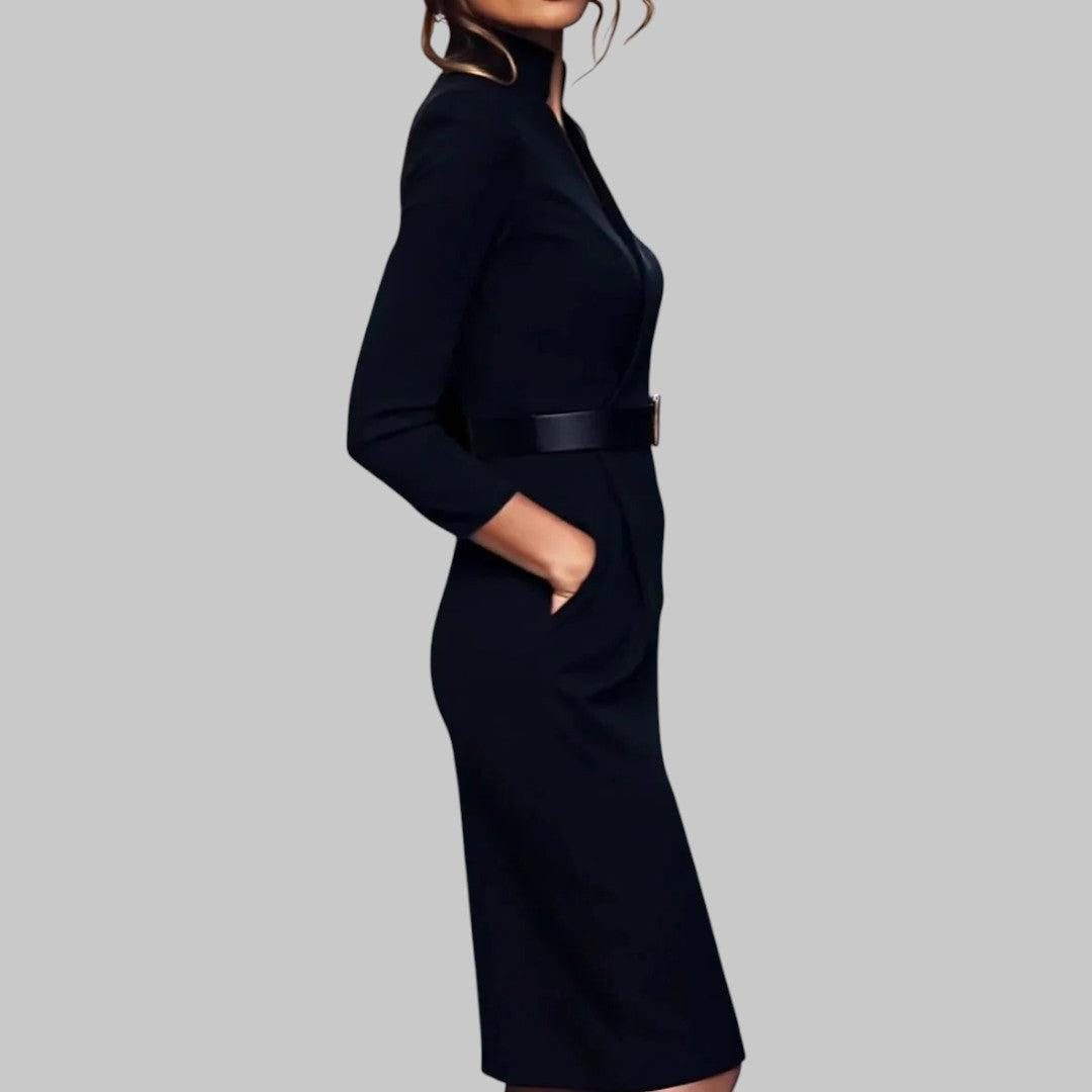 Long Sleeve Midi Dress - Collar Belted Sheath Design - Elegant for Office and Evening Wear