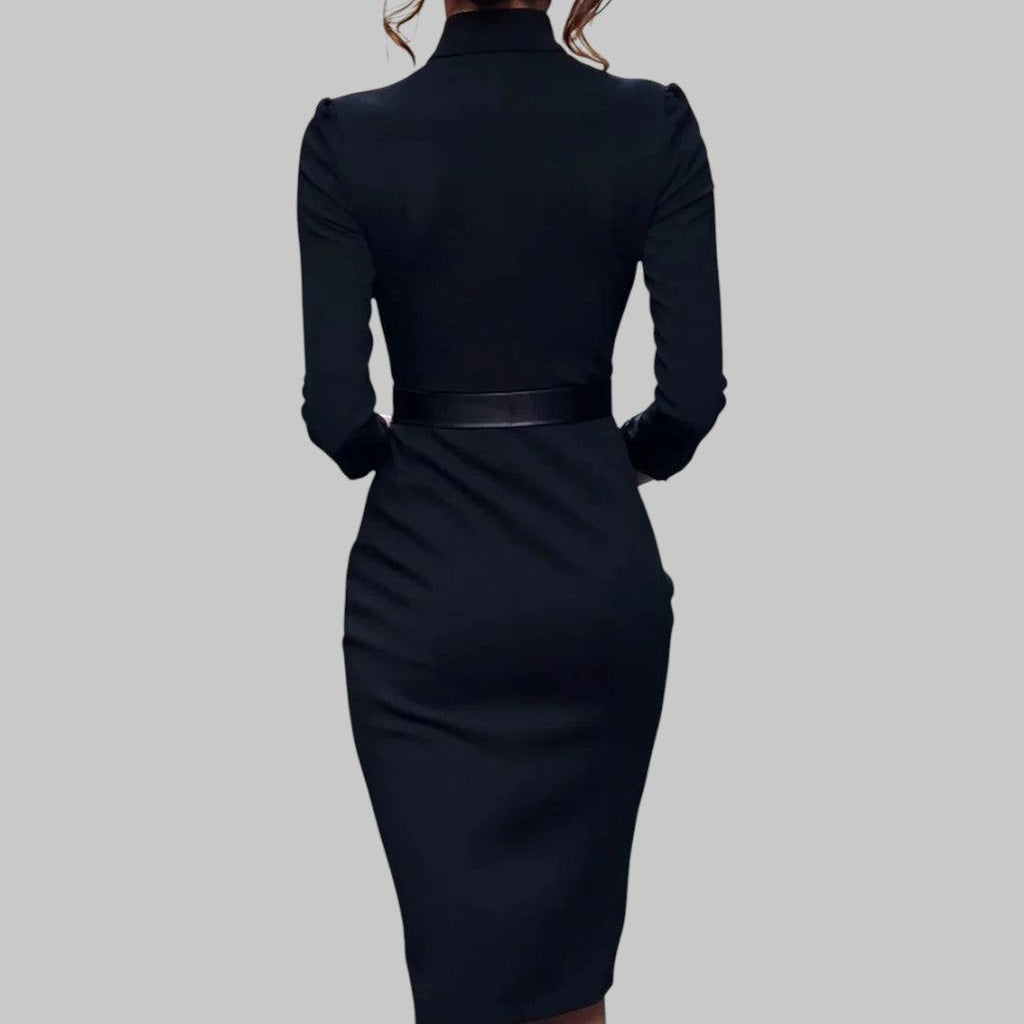 Long Sleeve Midi Dress - Collar Belted Sheath Design - Elegant for Office and Evening Wear